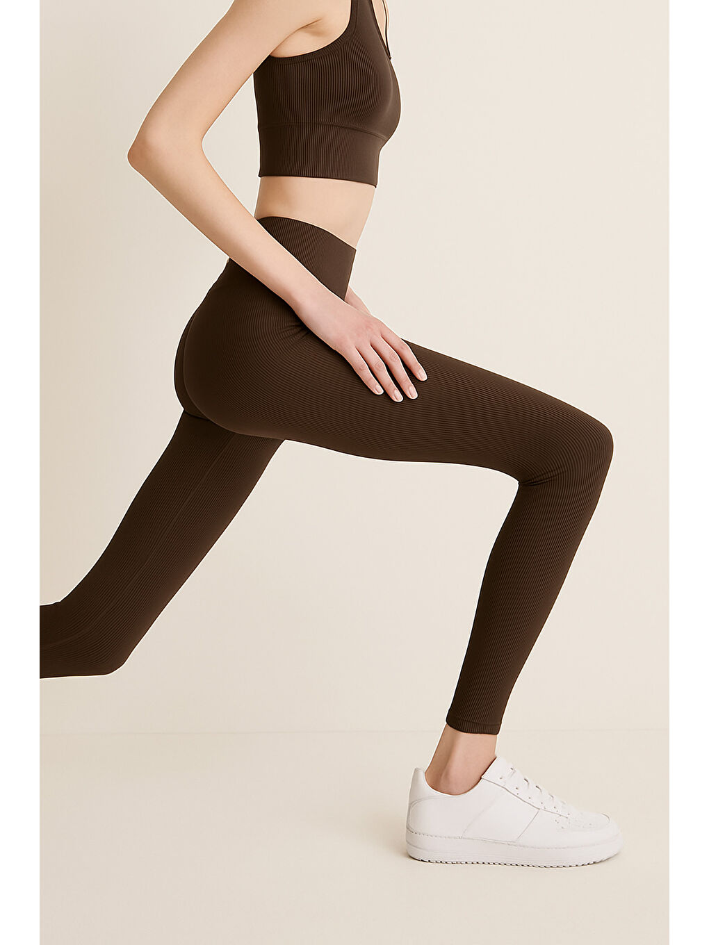 Kahverengi Yüksek Bel Toparlayıcı Ripli Fitilli Spor Kadın Tayt-2