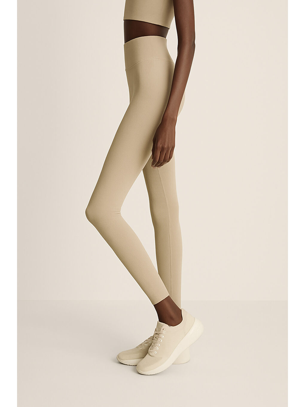 Bej Yüksek Bel Toparlayıcı Ripli Fitilli Spor Kadın Tayt-1
