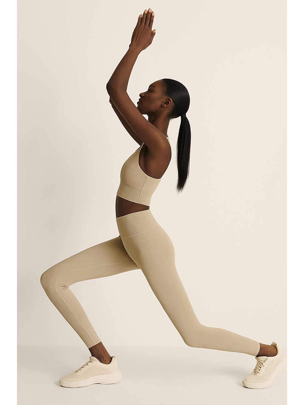 Bej Yüksek Bel Toparlayıcı Ripli Fitilli Spor Kadın Tayt-2