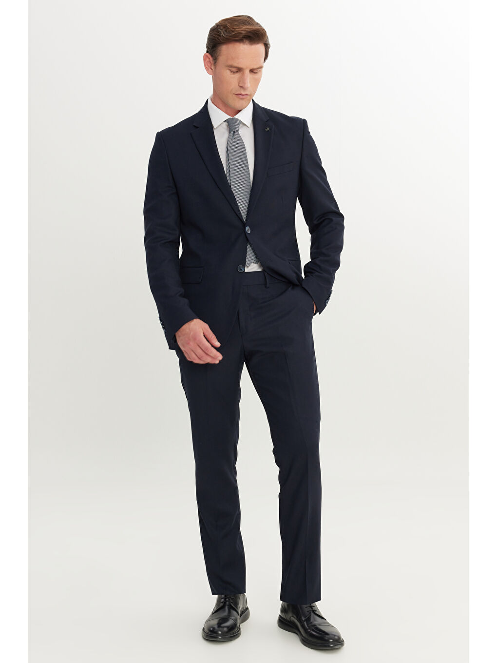 Erkek Lacivert Slim Fit Dar Kesim Mono Yaka Armürlü Esnek Takım Elbise-1