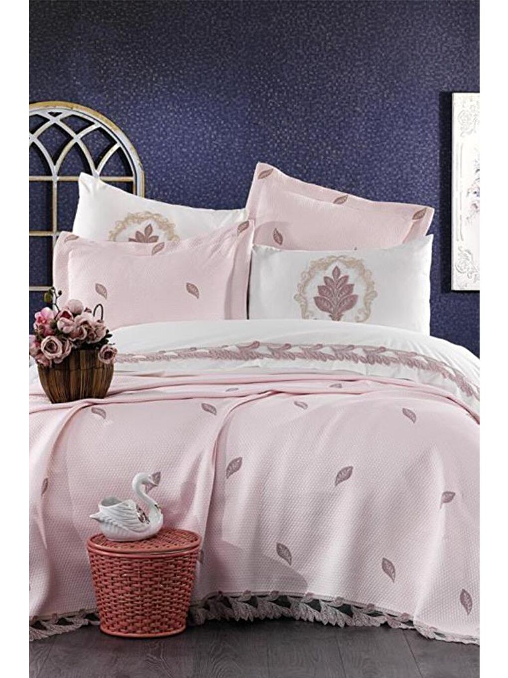 Pembe Fransız Güpürlü Nakışlı Alya Gelin Seti Pudra-1