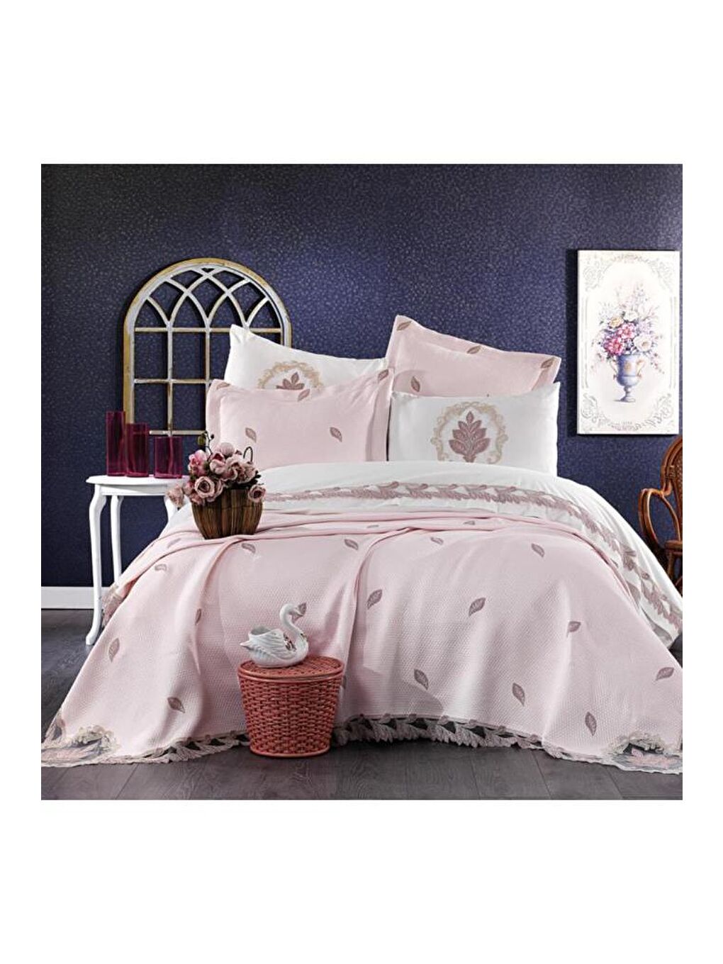 Pembe Fransız Güpürlü Nakışlı Alya Gelin Seti Pudra-2