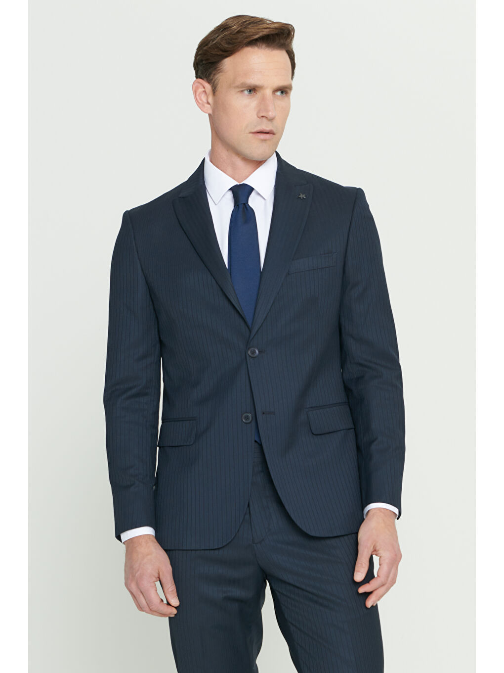 Erkek Lacivert Ekstra Slim Fit Dar Kesim Kırlangıç Yaka Yünlü Çizgili Takım Elbise-3