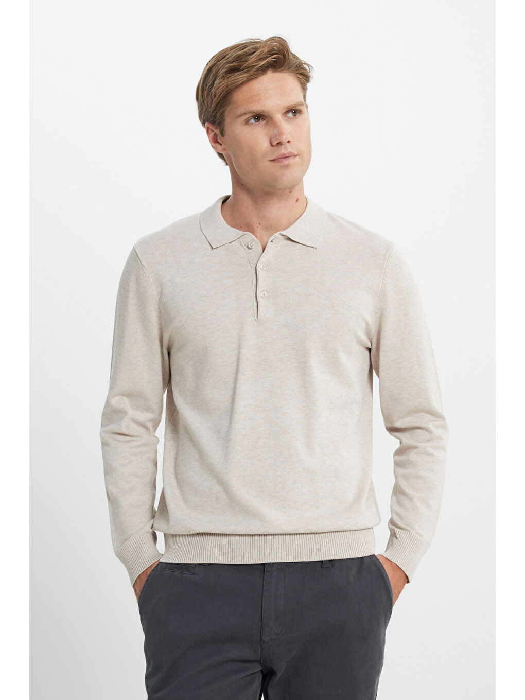 Erkek Bej Melanj Standart Fit Normal Kesim Polo Yaka Triko Kazak-2