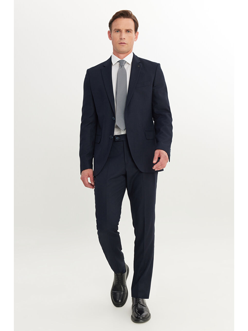 Erkek Lacivert Slim Fit Dar Kesim Mono Yaka Armürlü Esnek Takım Elbise-3