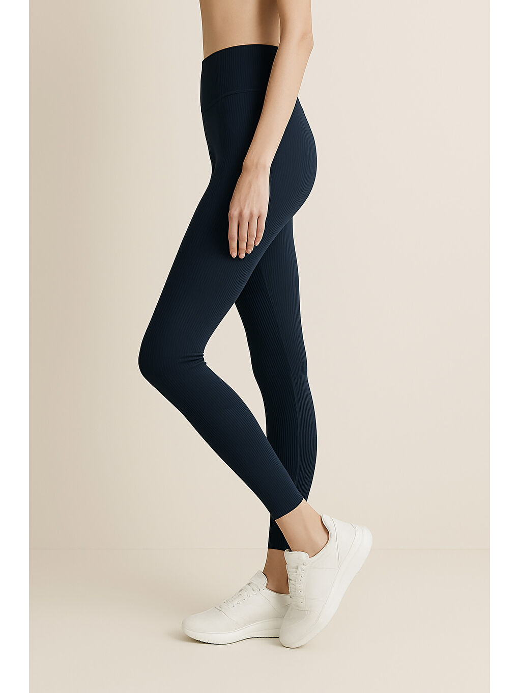 Lacivert Yüksek Bel Toparlayıcı Ripli Fitilli Spor Kadın Tayt-1