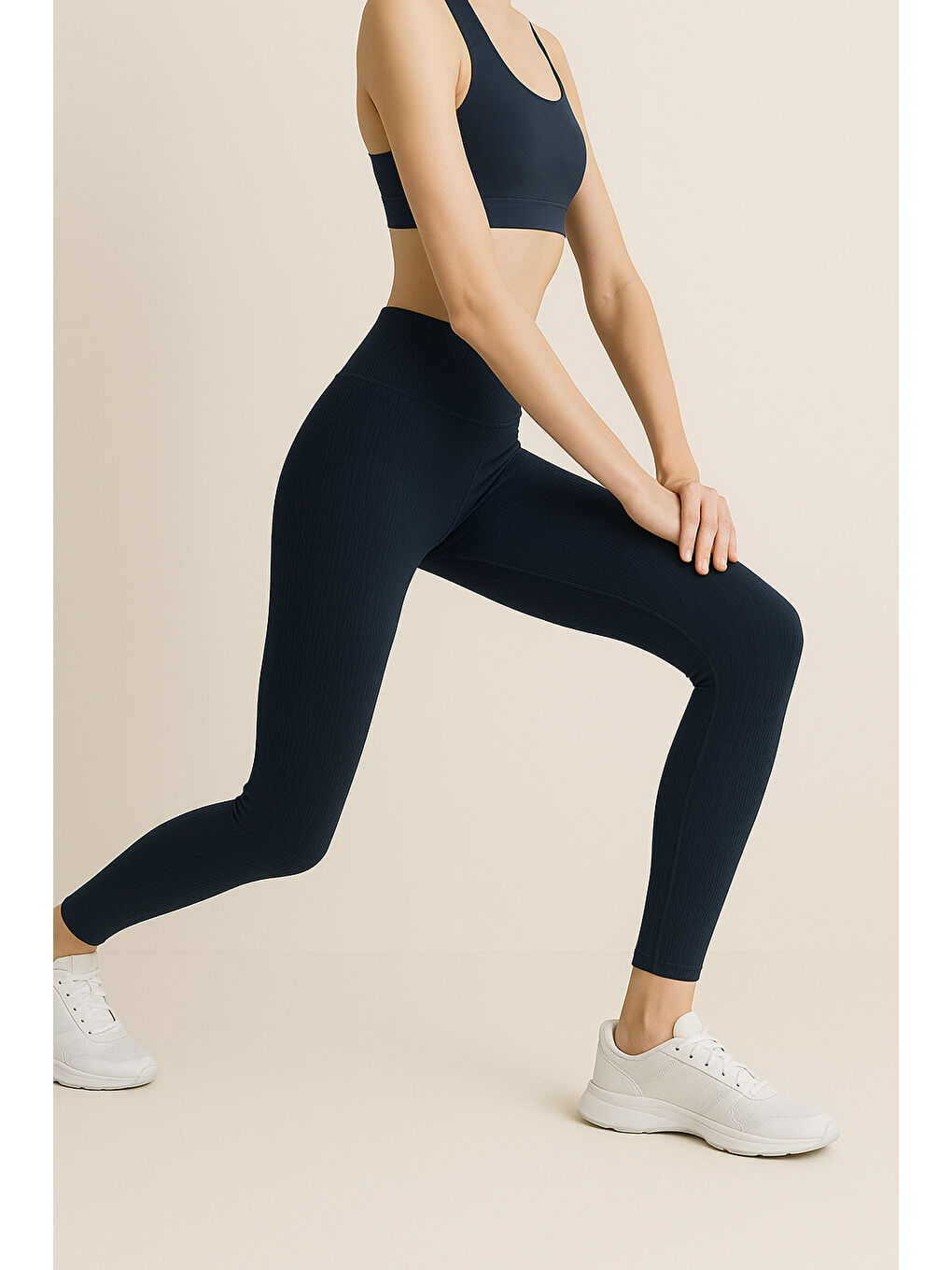 Lacivert Yüksek Bel Toparlayıcı Ripli Fitilli Spor Kadın Tayt-2