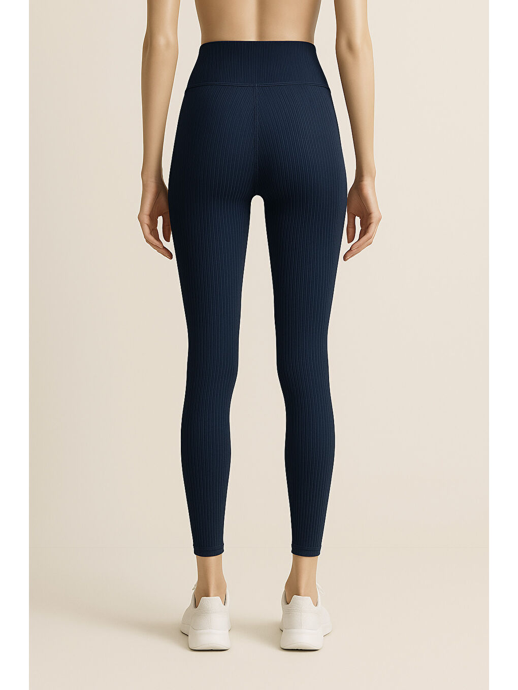 Lacivert Yüksek Bel Toparlayıcı Ripli Fitilli Spor Kadın Tayt-3