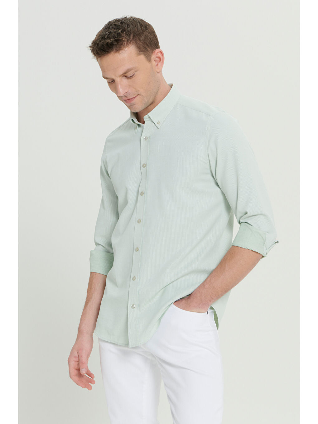 Erkek Yeşil Slim Fit Dar Kesim Düğmeli Yaka Armürlü Pamuklu Gömlek