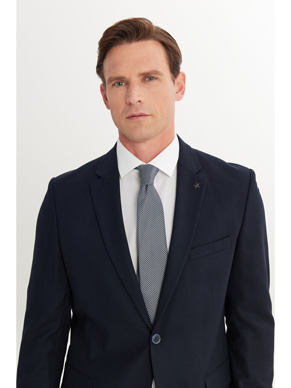 Erkek Lacivert Slim Fit Dar Kesim Mono Yaka Armürlü Esnek Takım Elbise-4