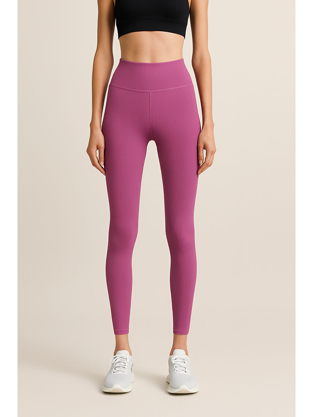 Mürdüm Yüksek Bel Toparlayıcı Ripli Fitilli Spor Kadın Tayt