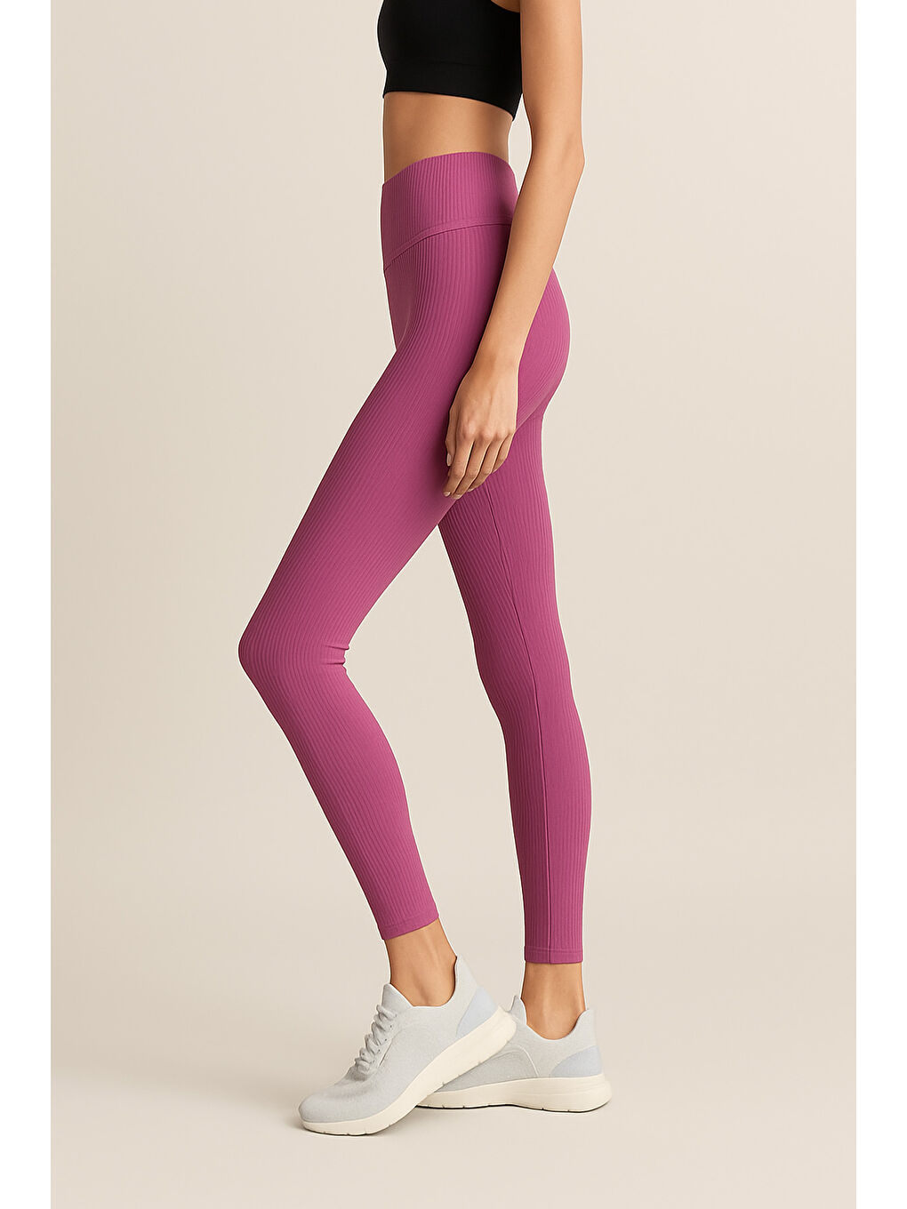 Mürdüm Yüksek Bel Toparlayıcı Ripli Fitilli Spor Kadın Tayt-1