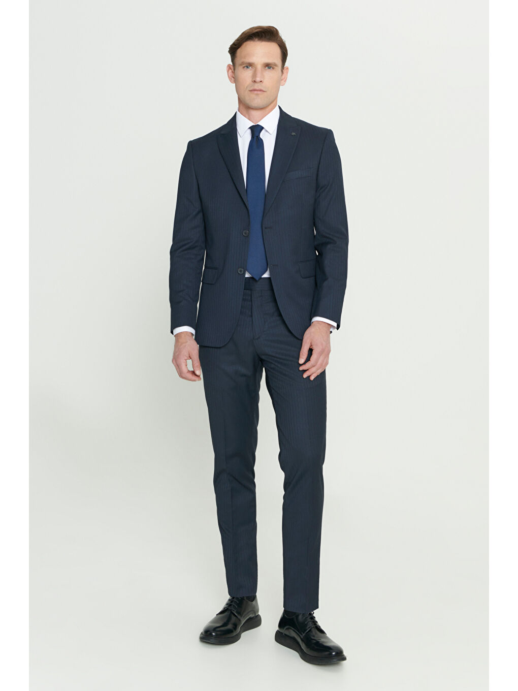 Erkek Lacivert Ekstra Slim Fit Dar Kesim Kırlangıç Yaka Yünlü Çizgili Takım Elbise-4