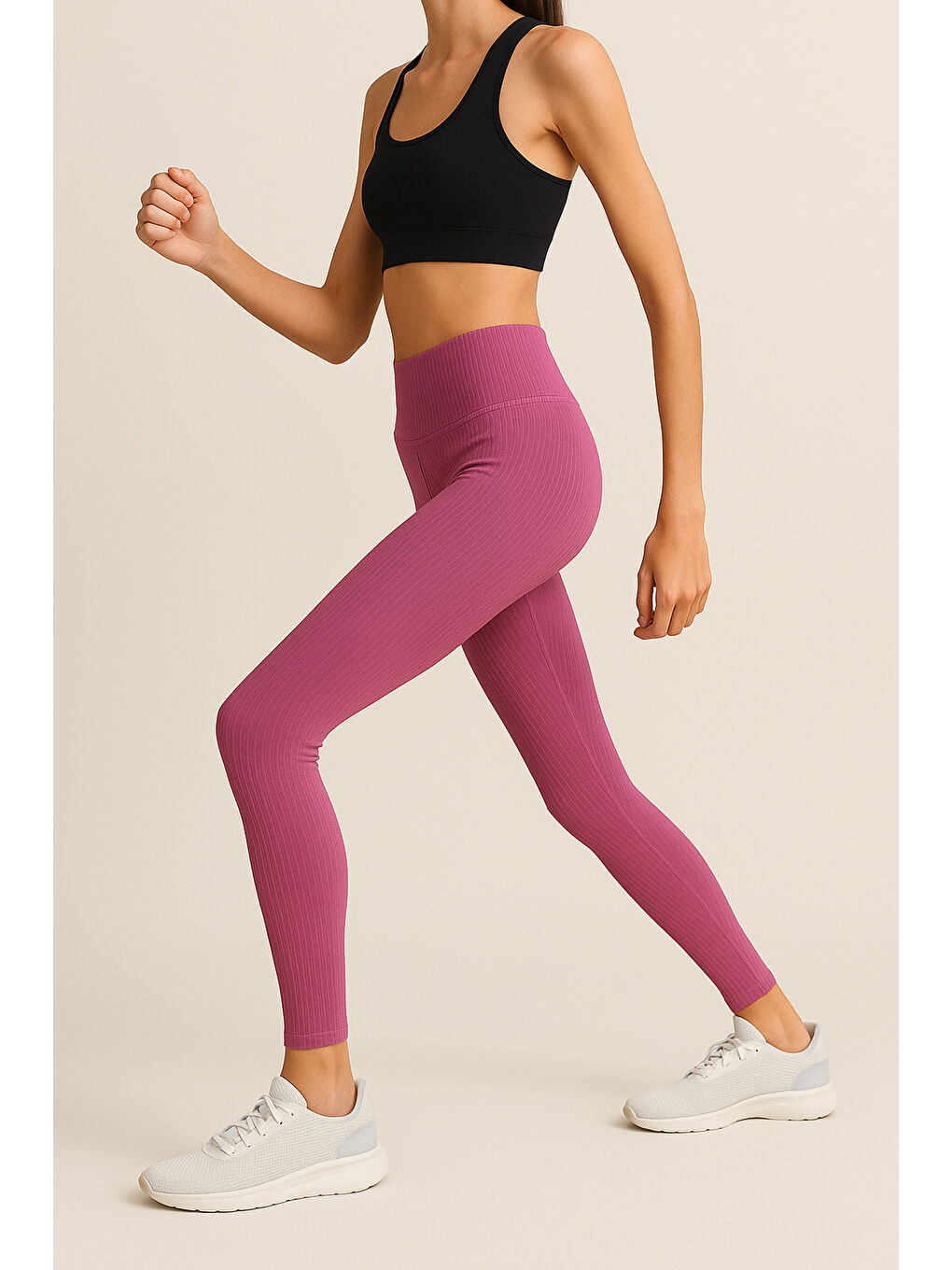 Mürdüm Yüksek Bel Toparlayıcı Ripli Fitilli Spor Kadın Tayt-2