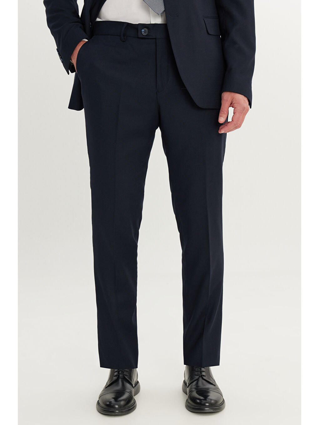 Erkek Lacivert Slim Fit Dar Kesim Mono Yaka Armürlü Esnek Takım Elbise-5