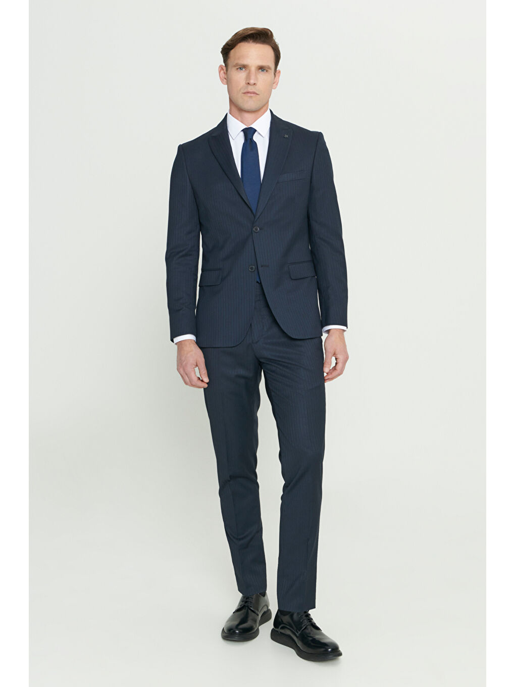 Erkek Lacivert Ekstra Slim Fit Dar Kesim Kırlangıç Yaka Yünlü Çizgili Takım Elbise-5