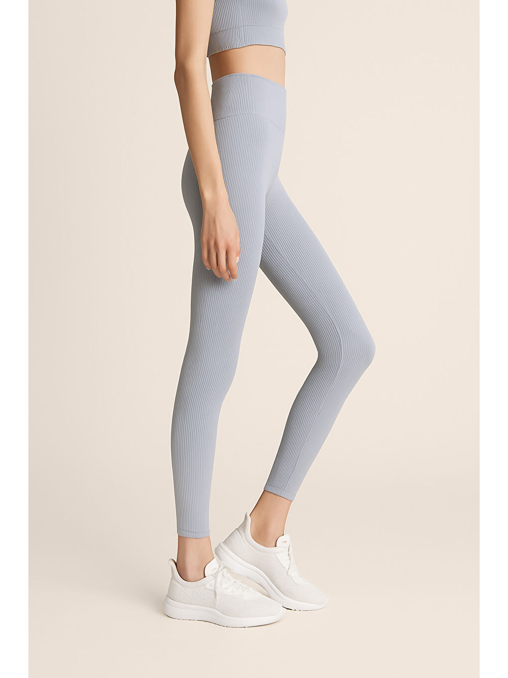 Mavi Yüksek Bel Toparlayıcı Ripli Fitilli Spor Kadın Tayt-1