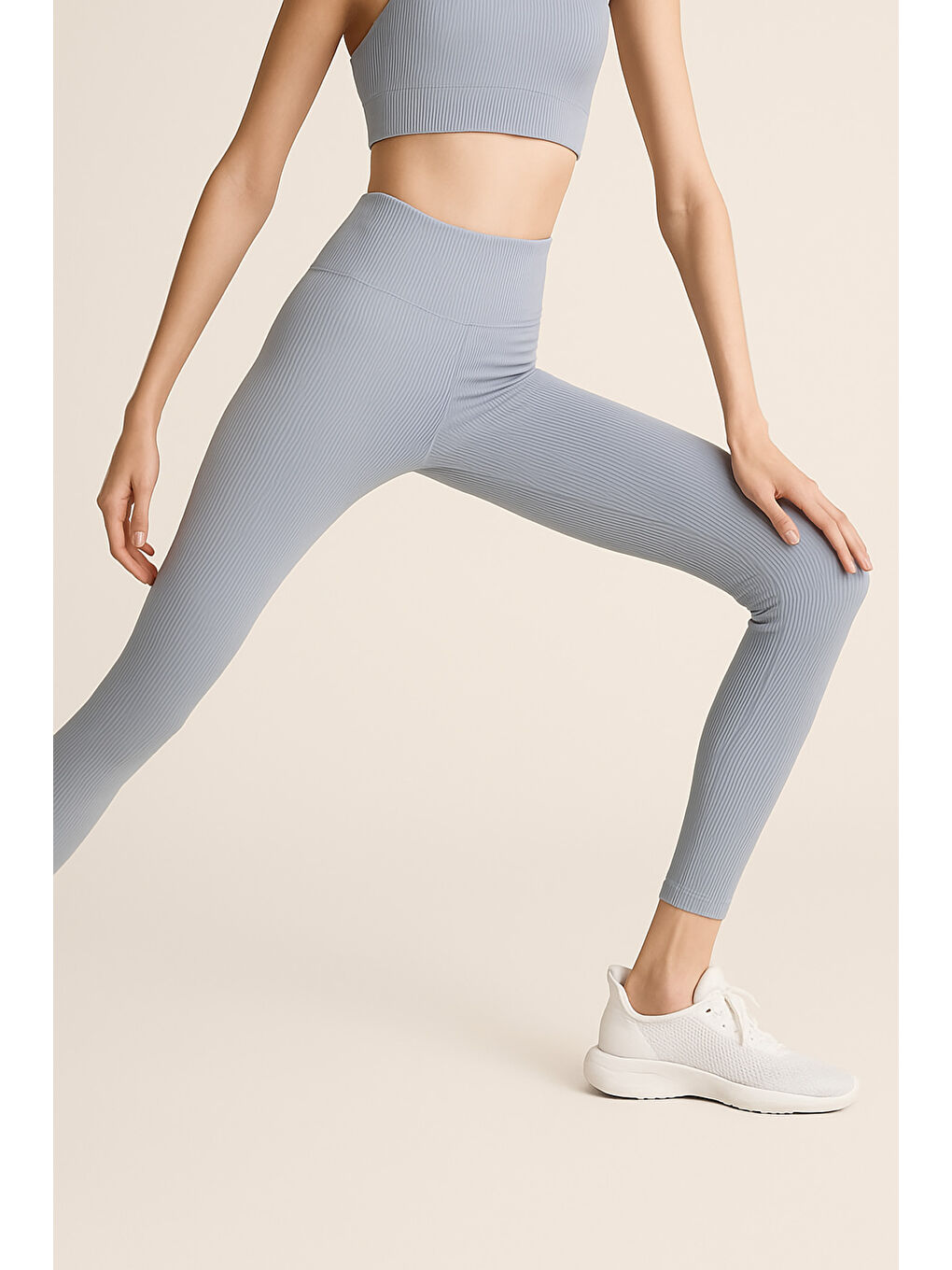 Mavi Yüksek Bel Toparlayıcı Ripli Fitilli Spor Kadın Tayt-2