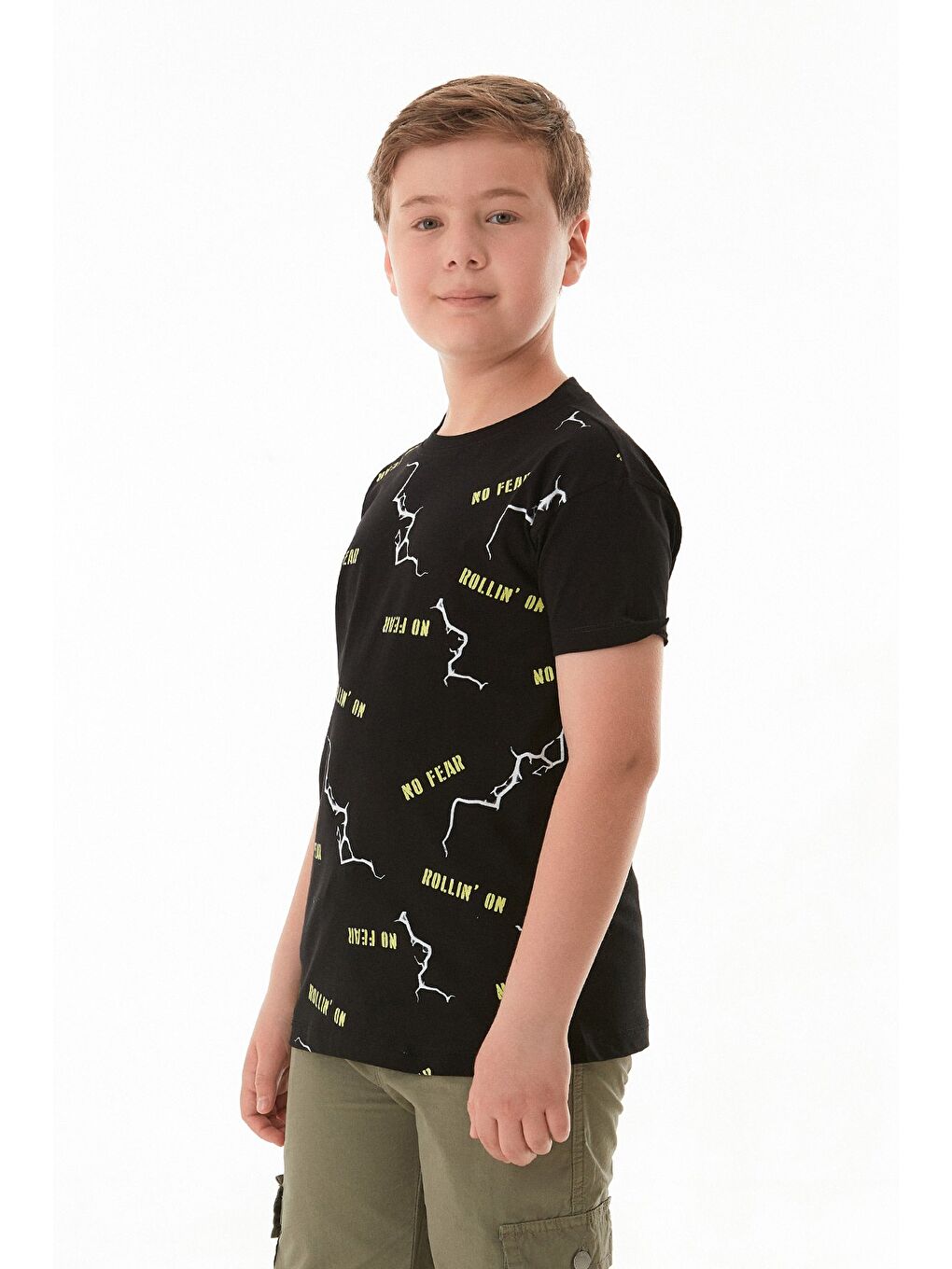 Siyah %100 Pamuk No Fear Baskılı Erkek Çocuk Tişört-1