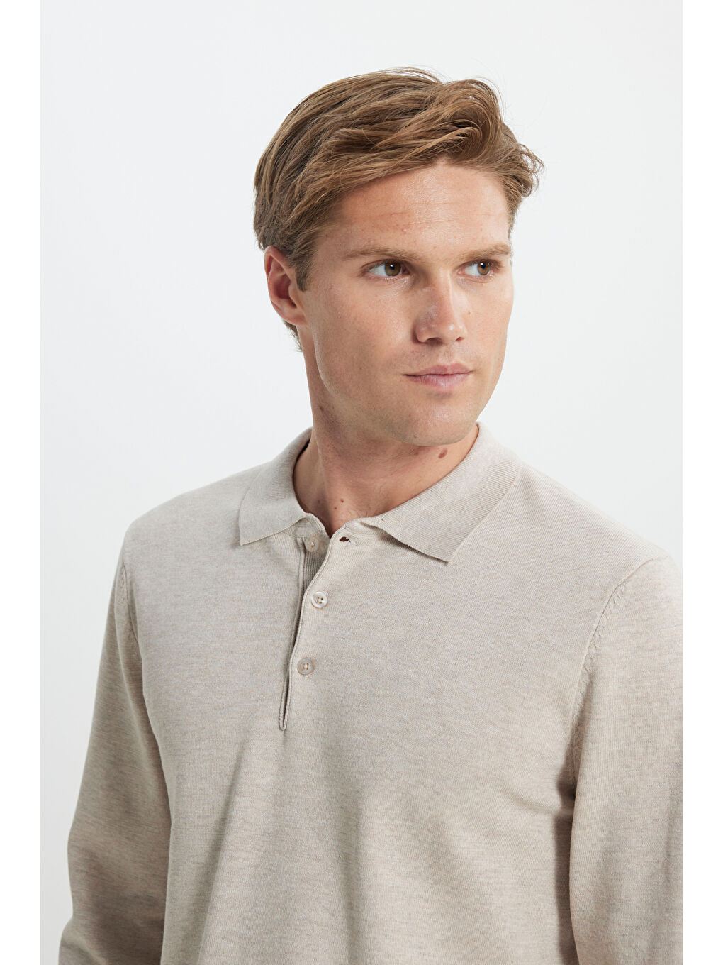 Erkek Bej Melanj Standart Fit Normal Kesim Polo Yaka Triko Kazak-3