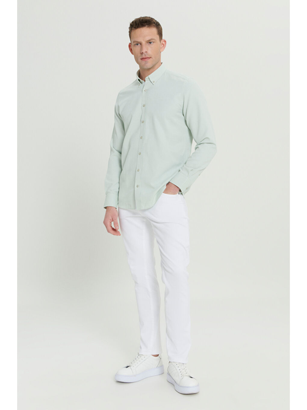 Erkek Yeşil Slim Fit Dar Kesim Düğmeli Yaka Armürlü Pamuklu Gömlek-1