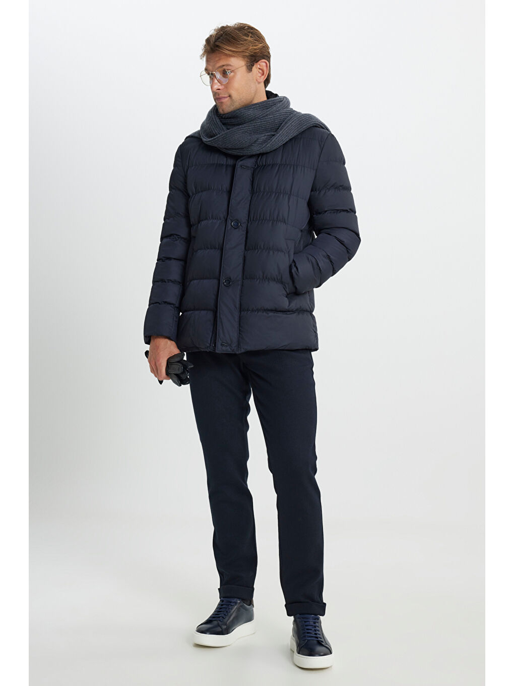 Erkek Lacivert Standart Fit Normal Kesim Dik Yaka Yan Cepli Kaban-1