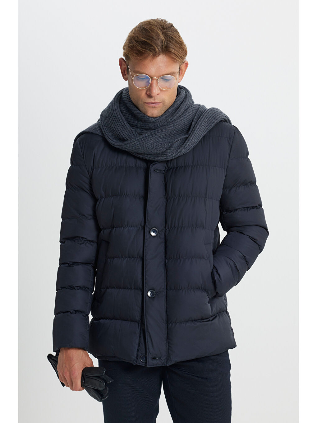 Erkek Lacivert Standart Fit Normal Kesim Dik Yaka Yan Cepli Kaban-2