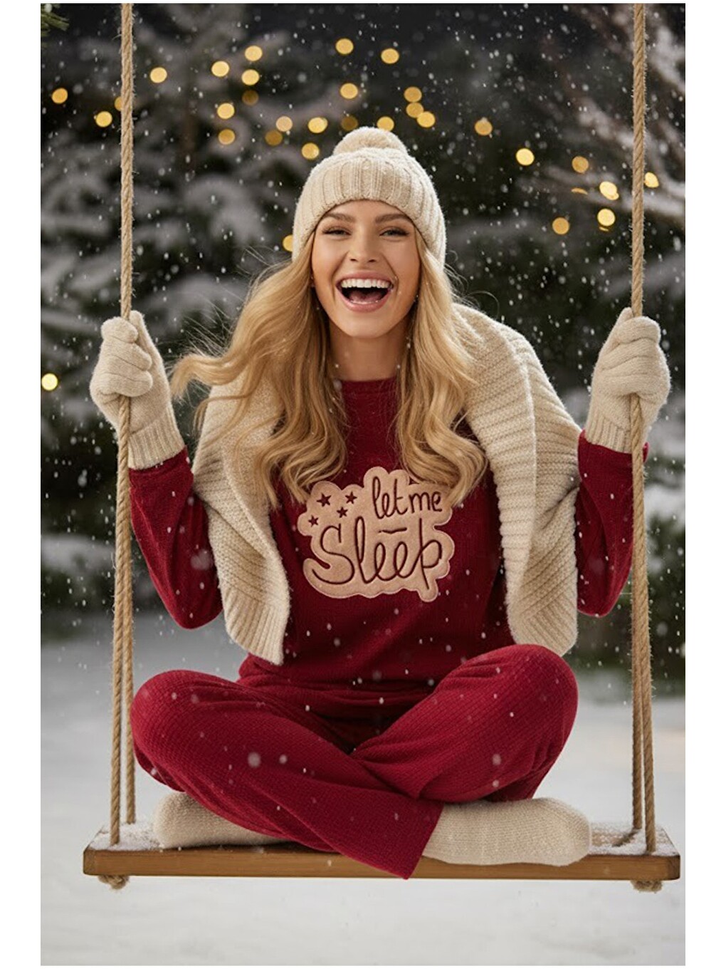 Bordo Uyku Temalı Nakışlı Polar Kışlık Waffle Örme Kumaşlı Pijama Takım