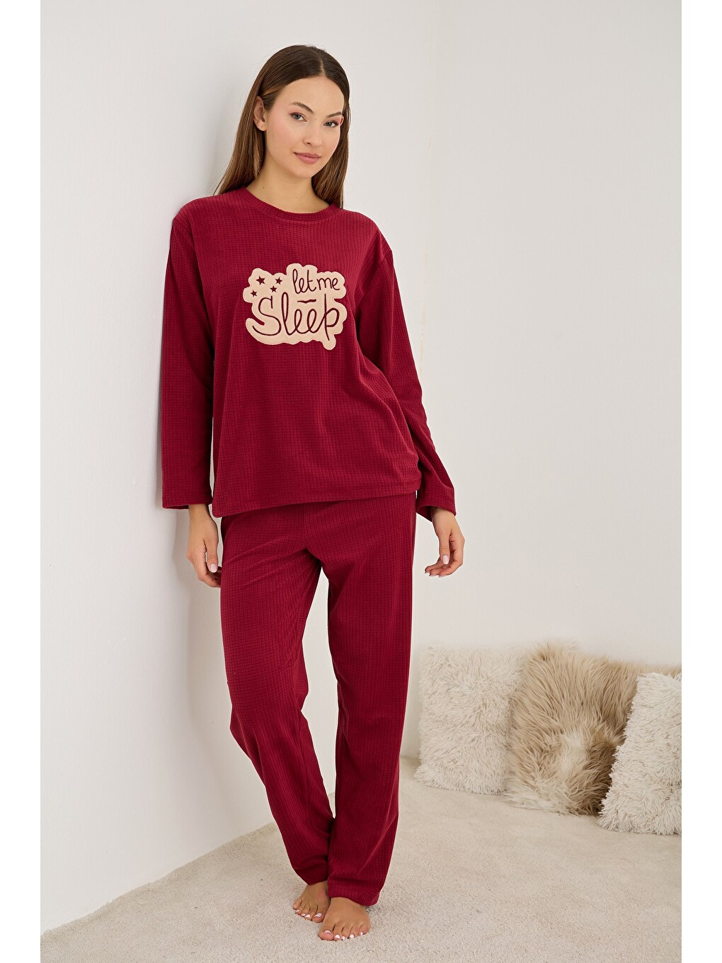 Bordo Uyku Temalı Nakışlı Polar Kışlık Waffle Örme Kumaşlı Pijama Takım-1