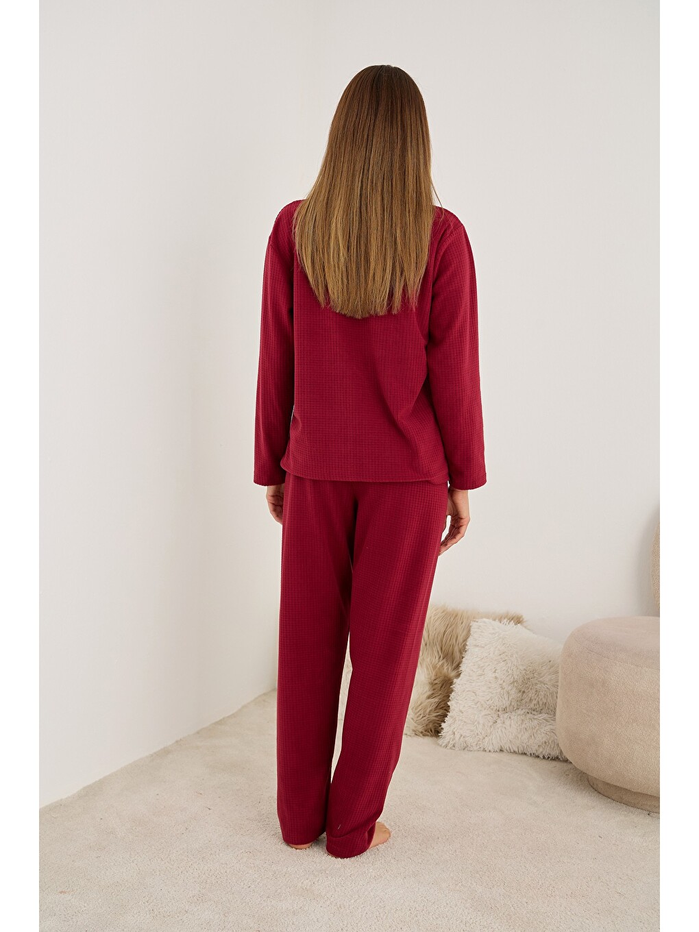 Bordo Uyku Temalı Nakışlı Polar Kışlık Waffle Örme Kumaşlı Pijama Takım-2