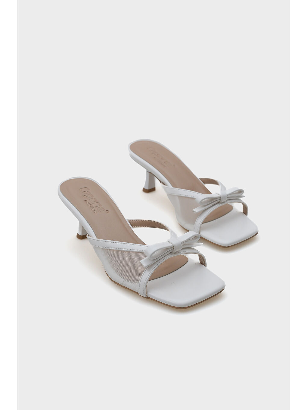 Beyaz Midge Orta Topuklu Fileli Fiyonklu Kadın Terlik-1