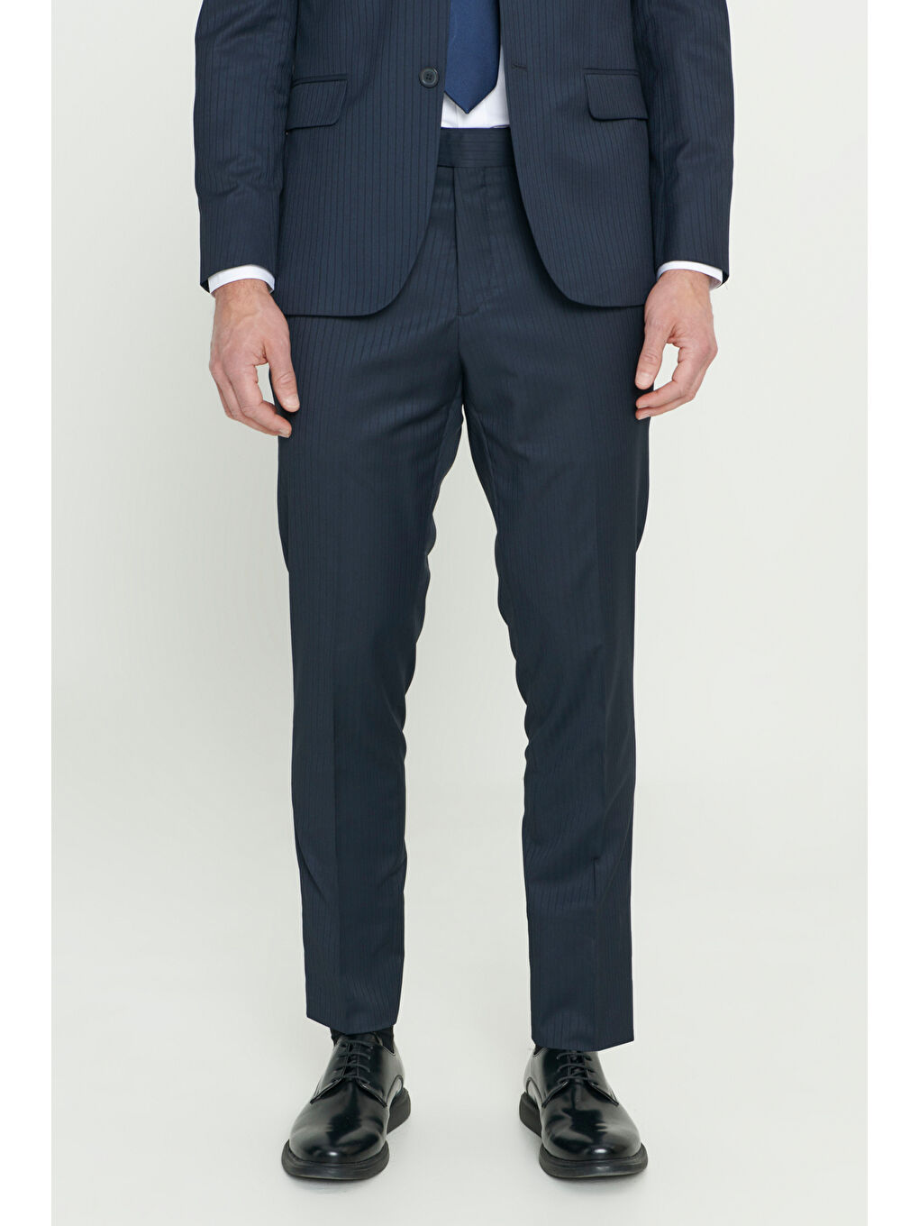 Erkek Lacivert Ekstra Slim Fit Dar Kesim Kırlangıç Yaka Yünlü Çizgili Takım Elbise-6