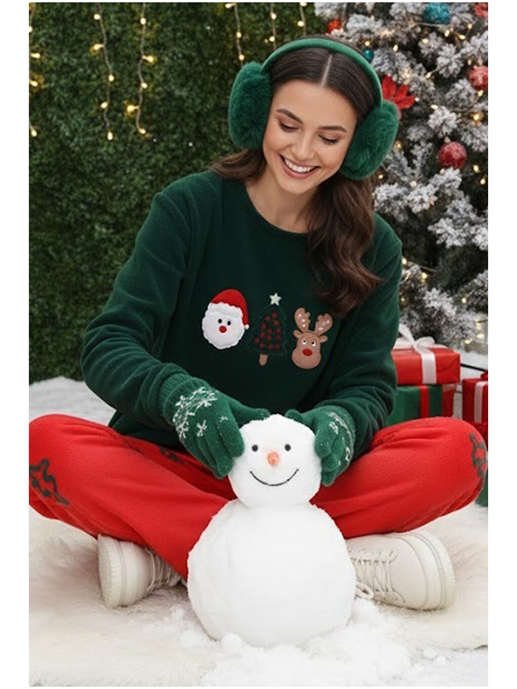 Karışık Yılbaşı Temalı Nakışlı Polar Kışlık Örme Pijama Takım