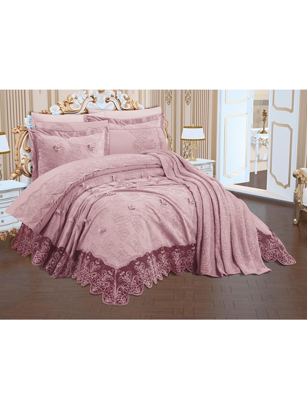 Pembe Fethiye Şönil Nakışlı 10 Parça Gelin Seti Pudra