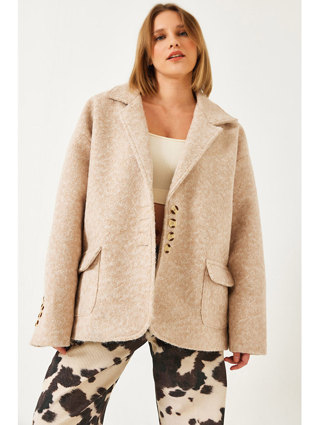 Bej Kadın Oversize Astarlı Kaşe Blazer Ceket