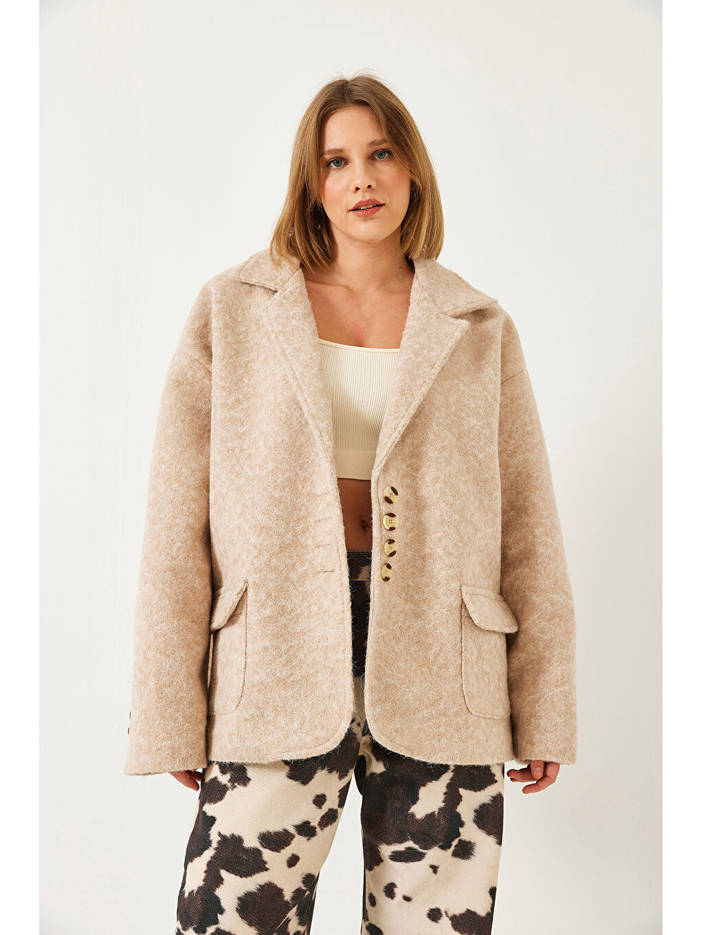 Bej Kadın Oversize Astarlı Kaşe Blazer Ceket-1