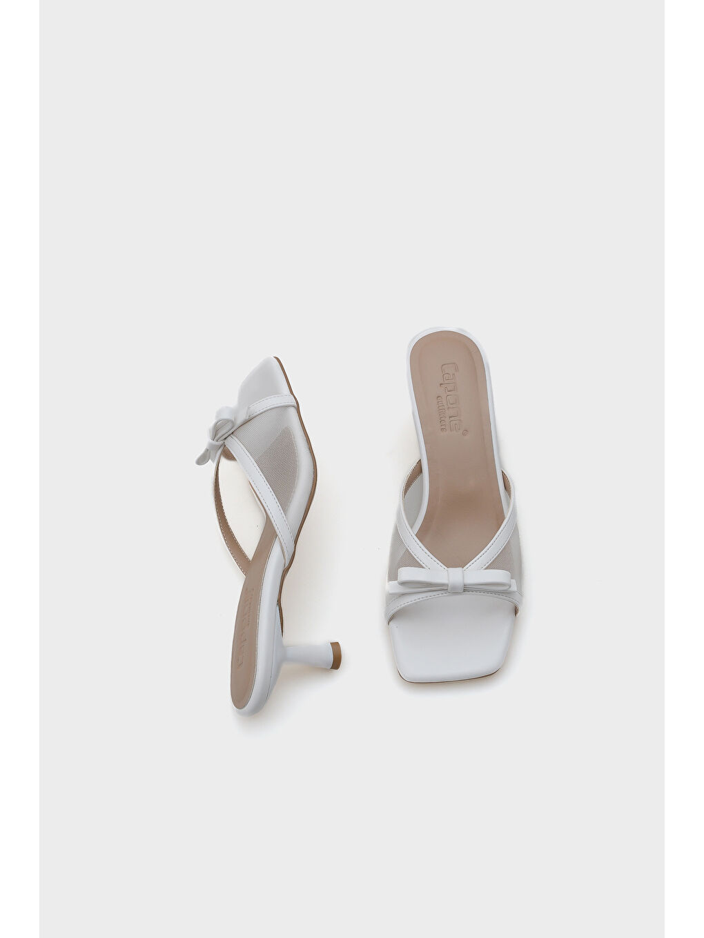 Beyaz Midge Orta Topuklu Fileli Fiyonklu Kadın Terlik-4