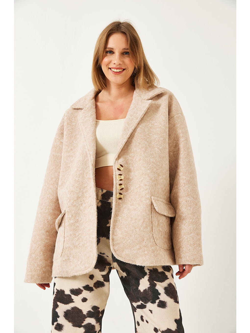 Bej Kadın Oversize Astarlı Kaşe Blazer Ceket-2