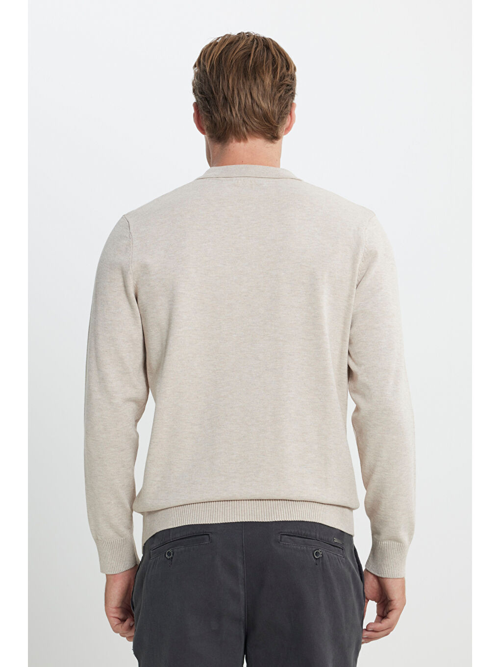 Erkek Bej Melanj Standart Fit Normal Kesim Polo Yaka Triko Kazak-4