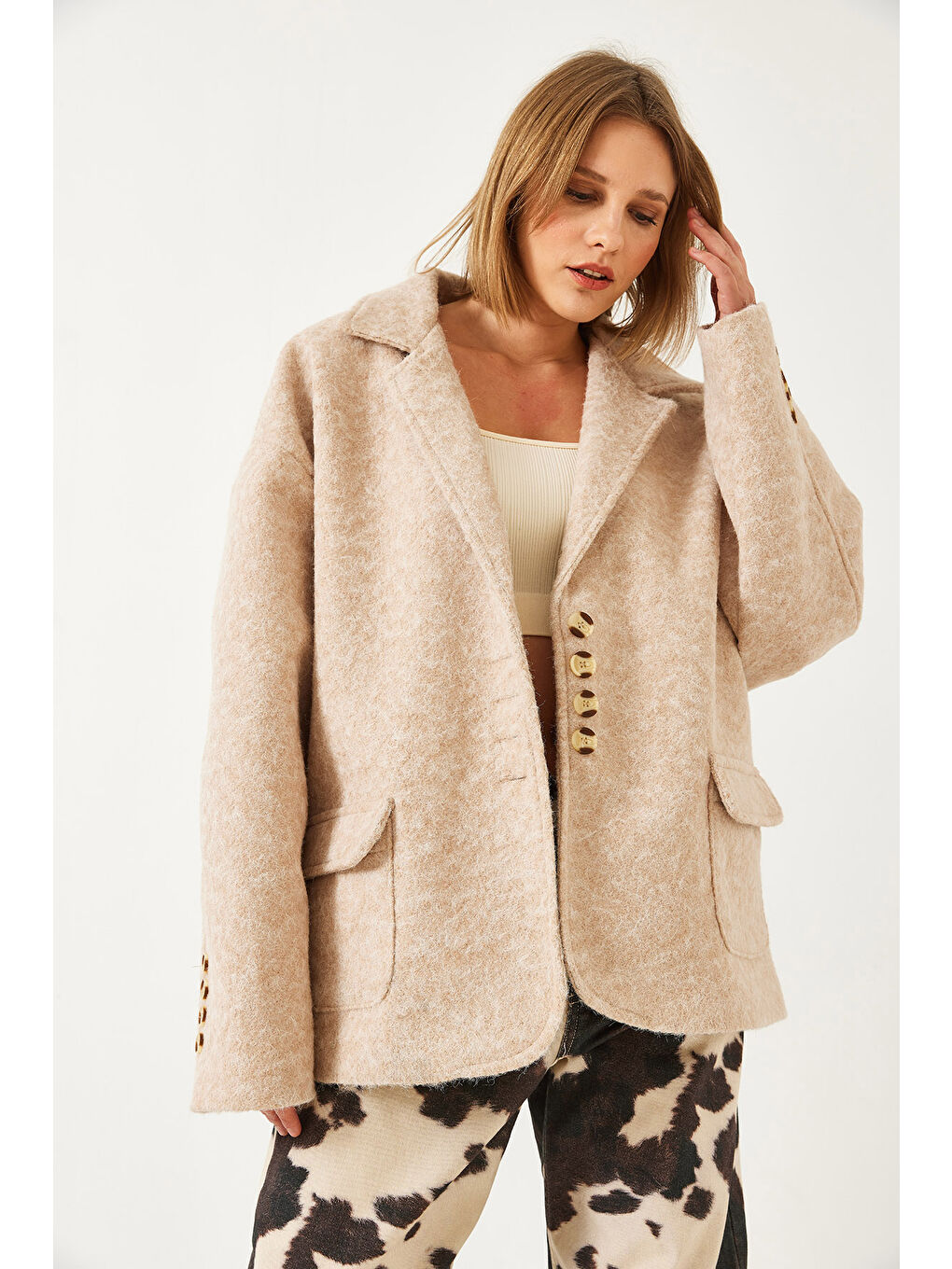 Bej Kadın Oversize Astarlı Kaşe Blazer Ceket-5