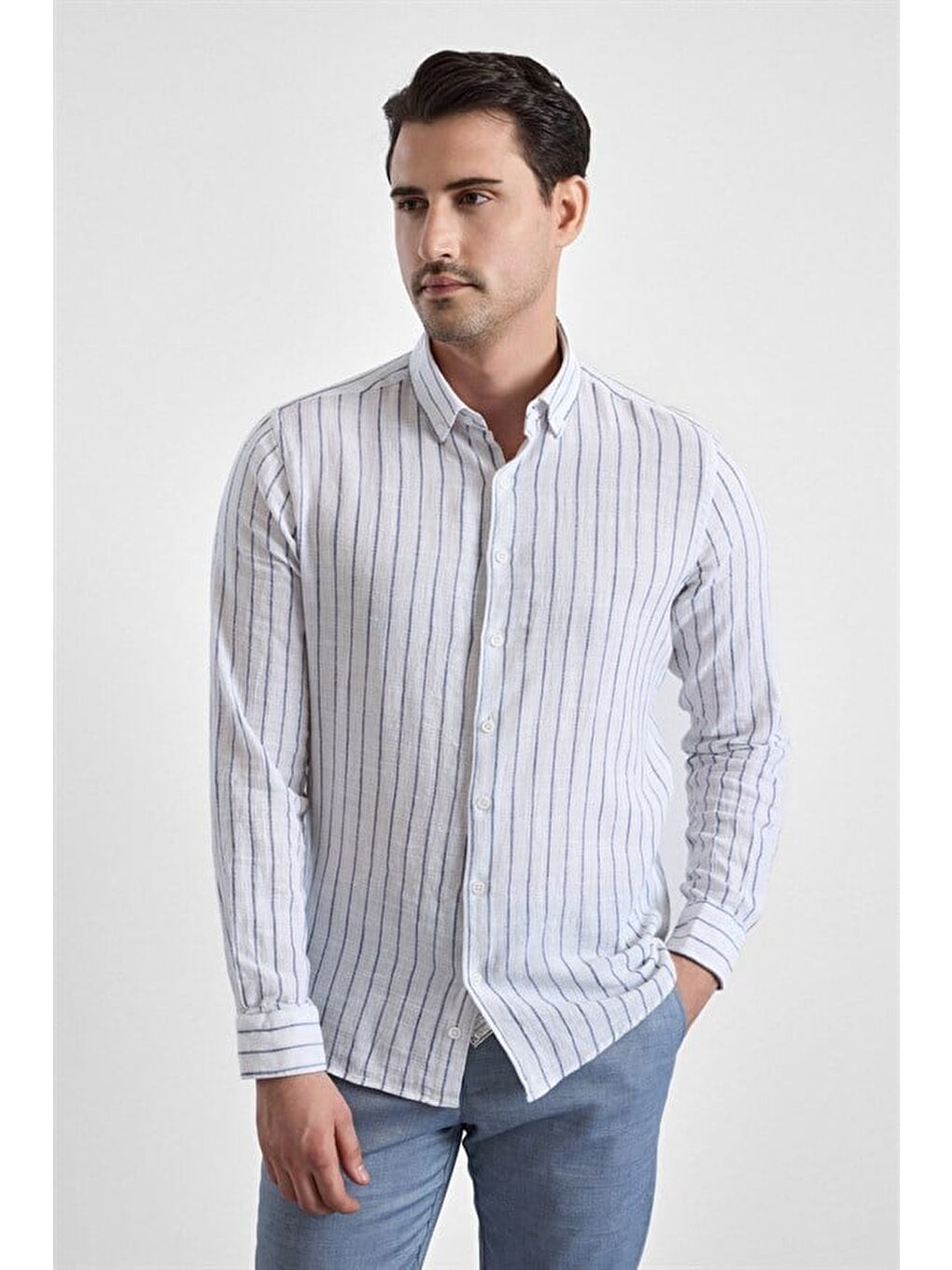 Lacivert Slim Düğmeli Yaka Düz Düz Kapaksız Cep Düğmeli Uzun Kollu Standart Casual Gömlek