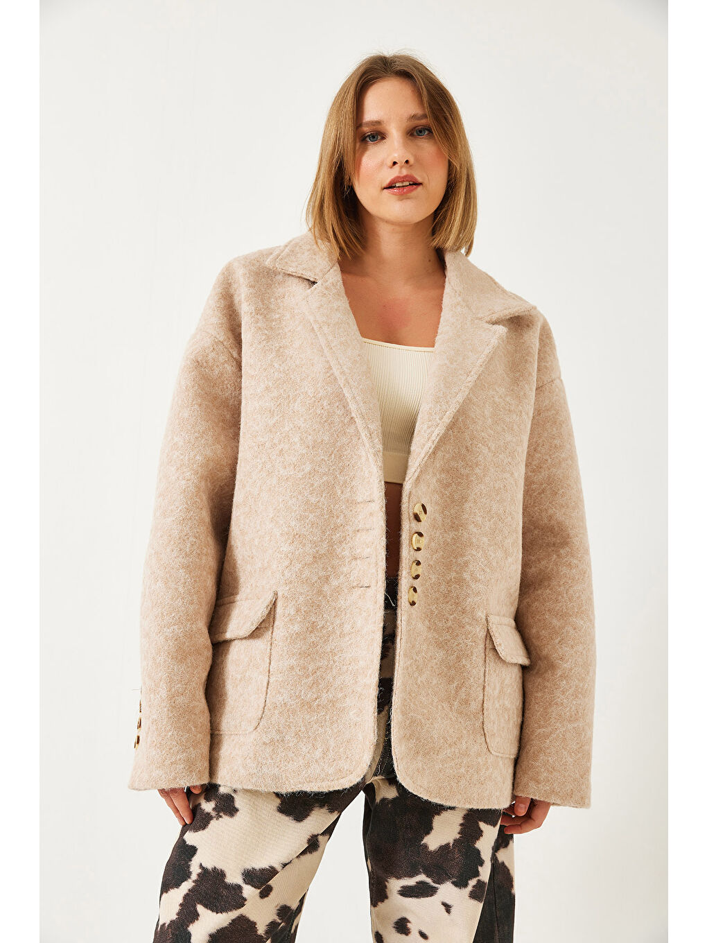 Bej Kadın Oversize Astarlı Kaşe Blazer Ceket-6