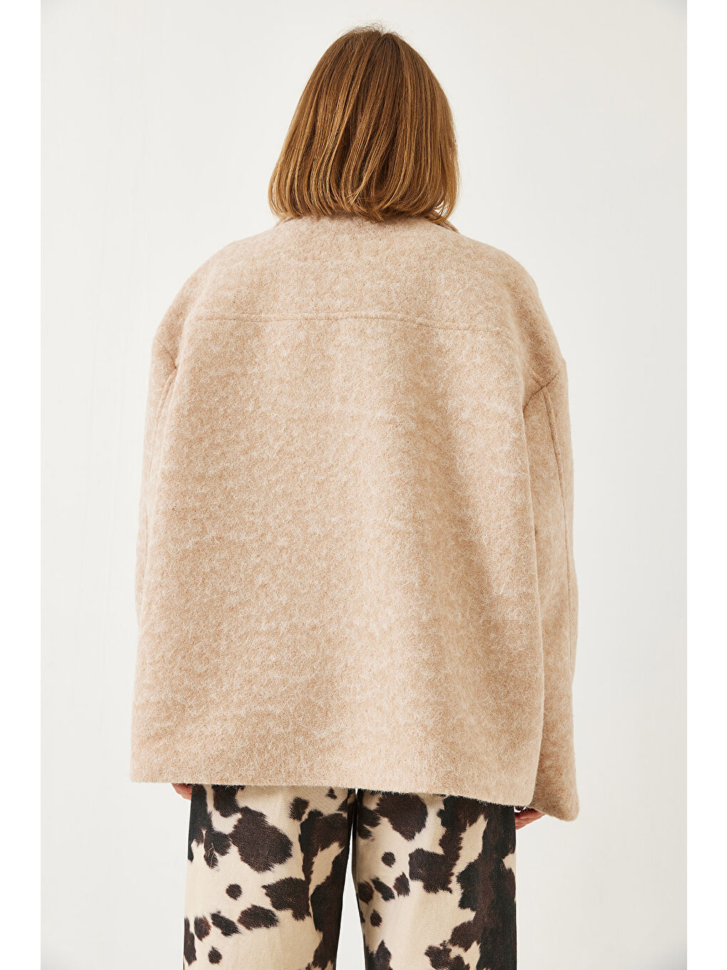 Bej Kadın Oversize Astarlı Kaşe Blazer Ceket-7