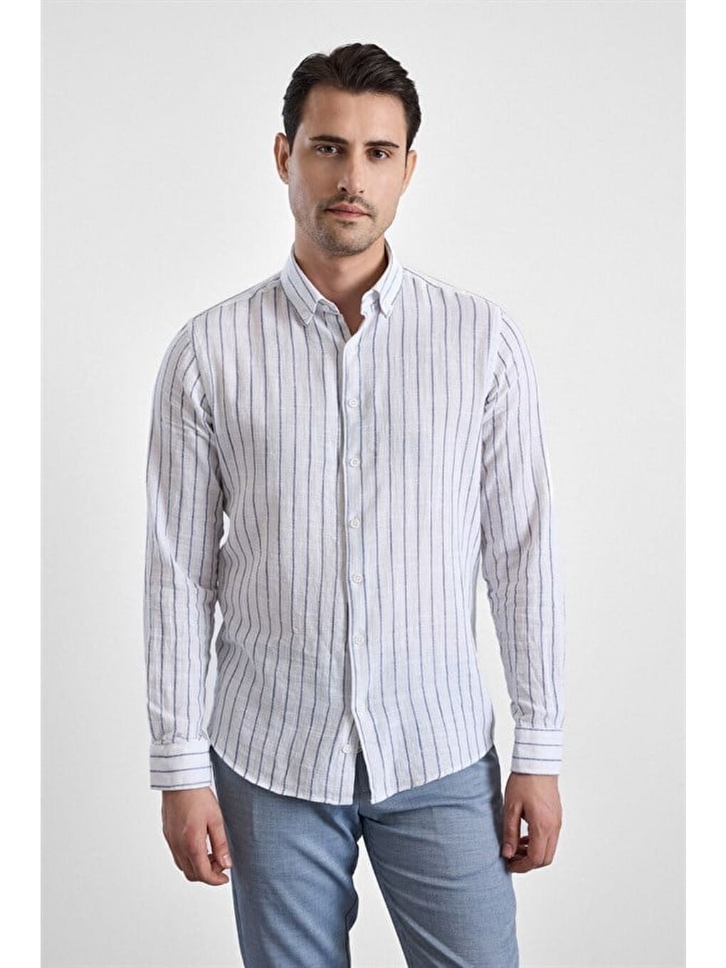 Lacivert Slim Düğmeli Yaka Düz Düz Kapaksız Cep Düğmeli Uzun Kollu Standart Casual Gömlek-1