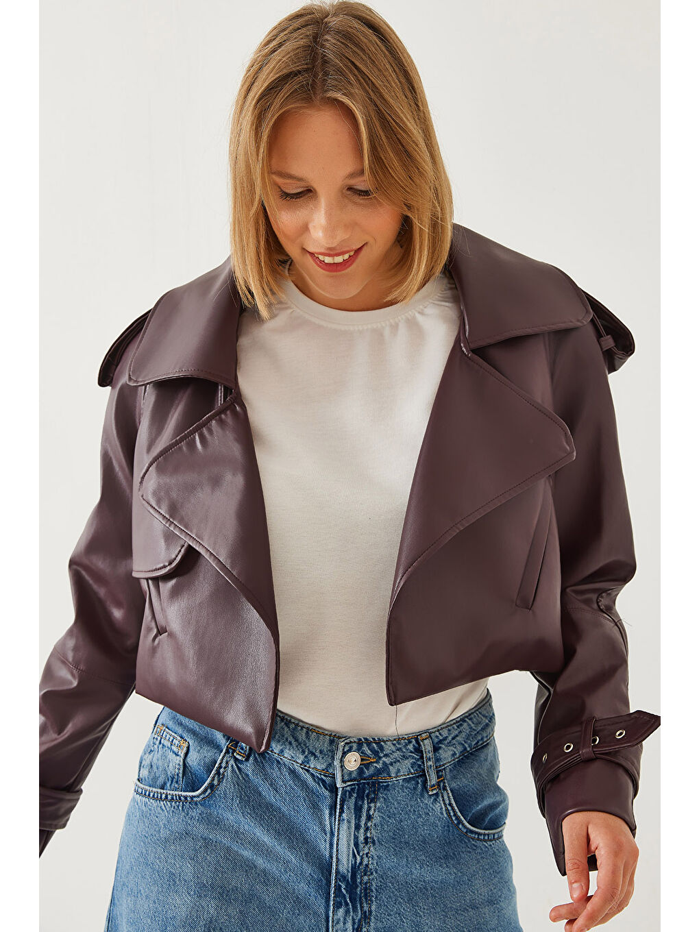 SHADE Bordo Kadın Oversize Suni Deri Ceket