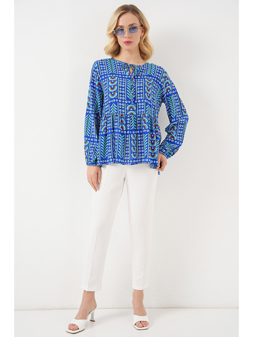 Mavi Kadın Desenli Uzun Kol Bluz 970 - Saks-1