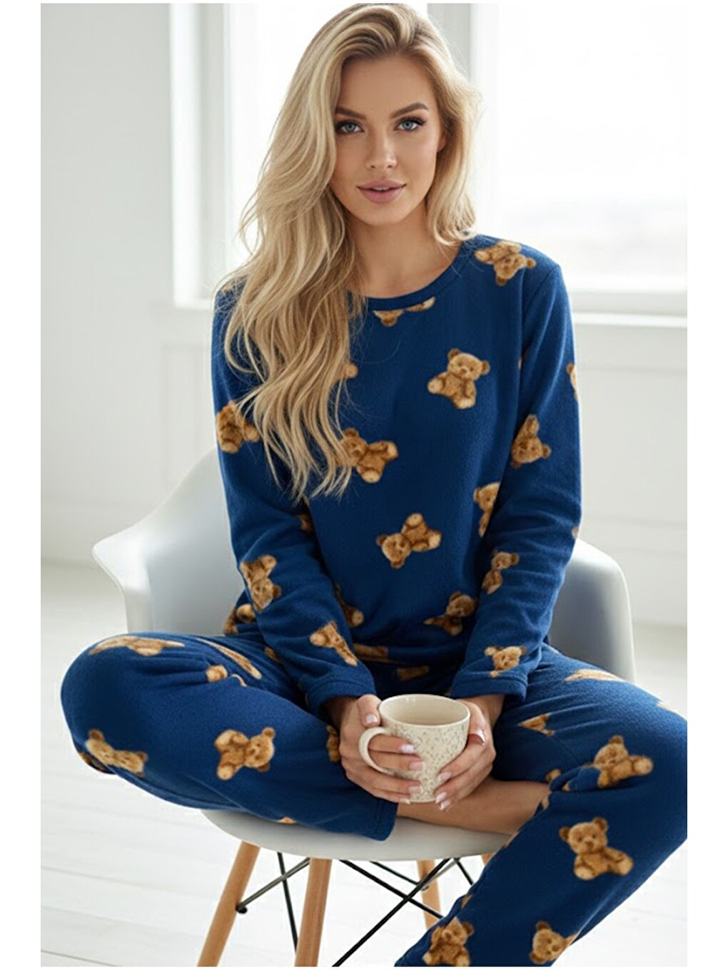 Mavi Polar Kışlık Örme Pijama Takım