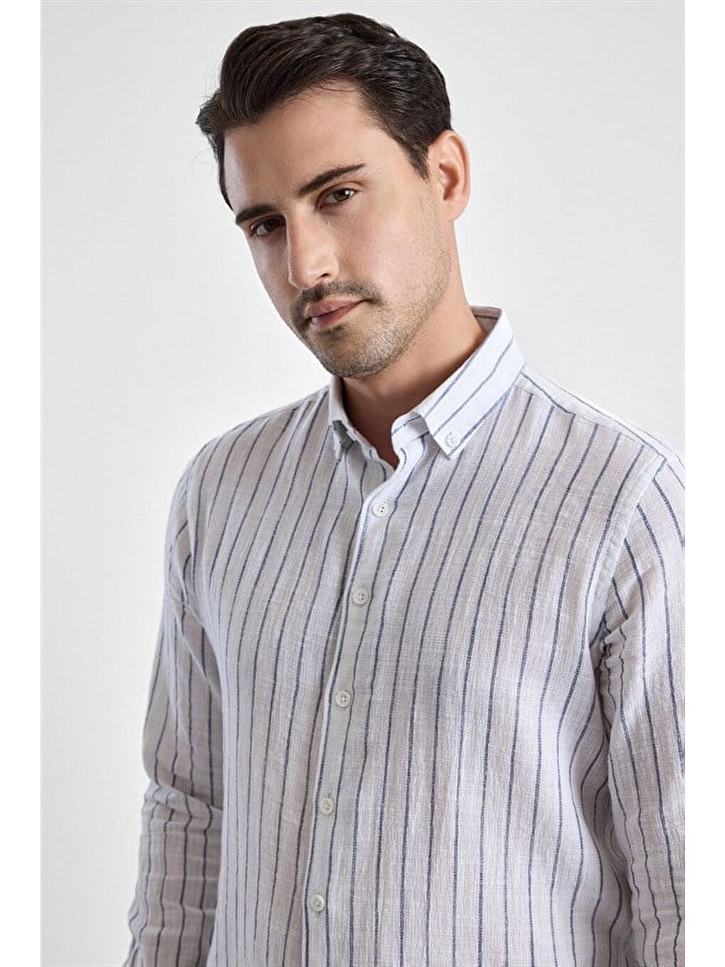 Lacivert Slim Düğmeli Yaka Düz Düz Kapaksız Cep Düğmeli Uzun Kollu Standart Casual Gömlek-2