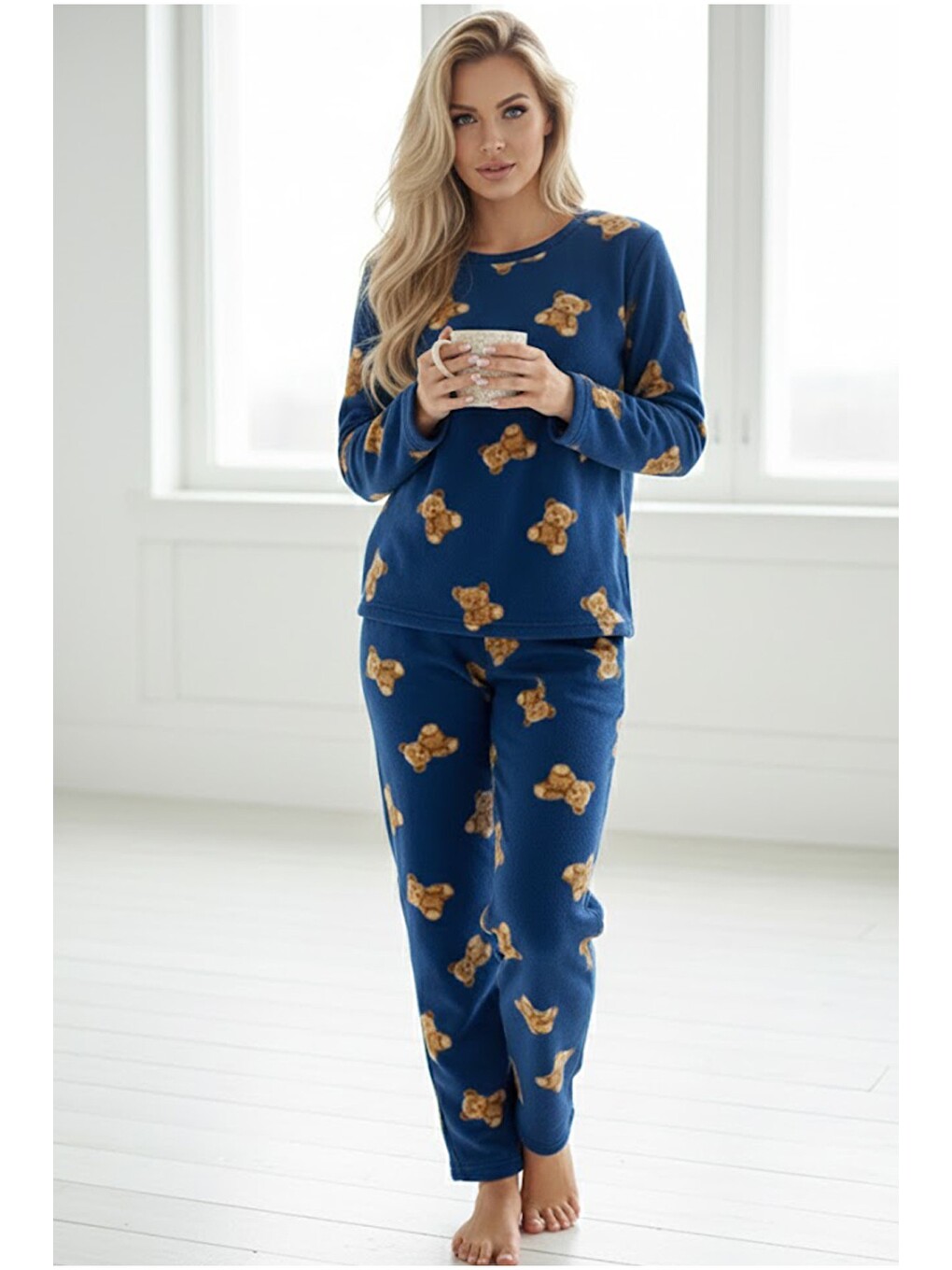 Mavi Polar Kışlık Örme Pijama Takım-1