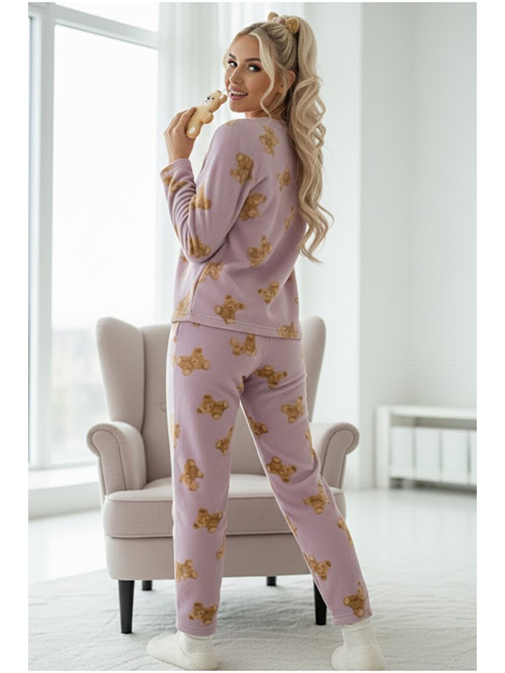 Mavi Polar Kışlık Örme Pijama Takım-2
